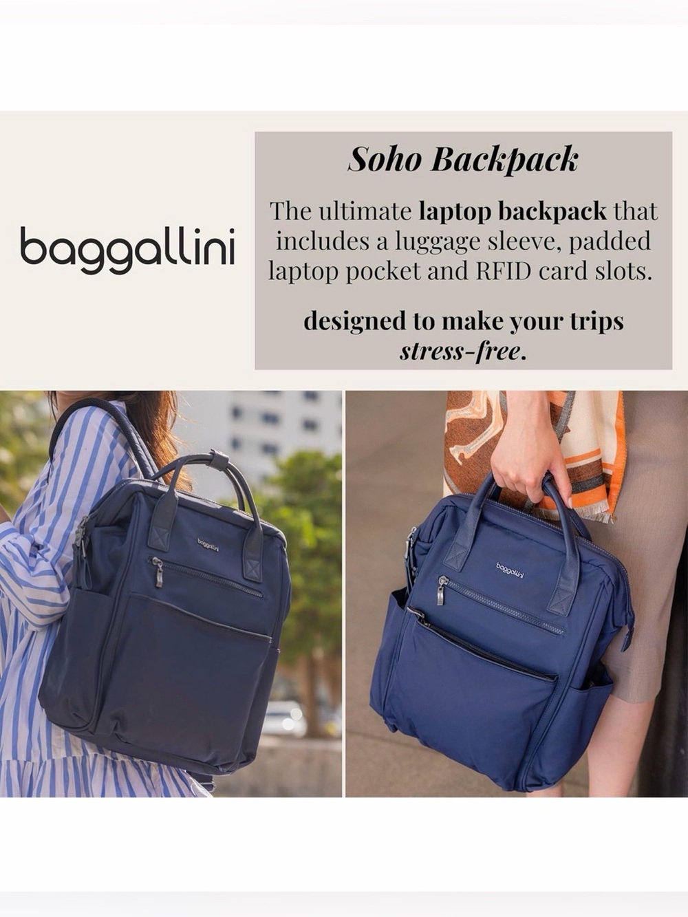 Baggallini Soho Backpack Black- Sleek Everyday/ Travel Bag NWT - Picture 7 of 11